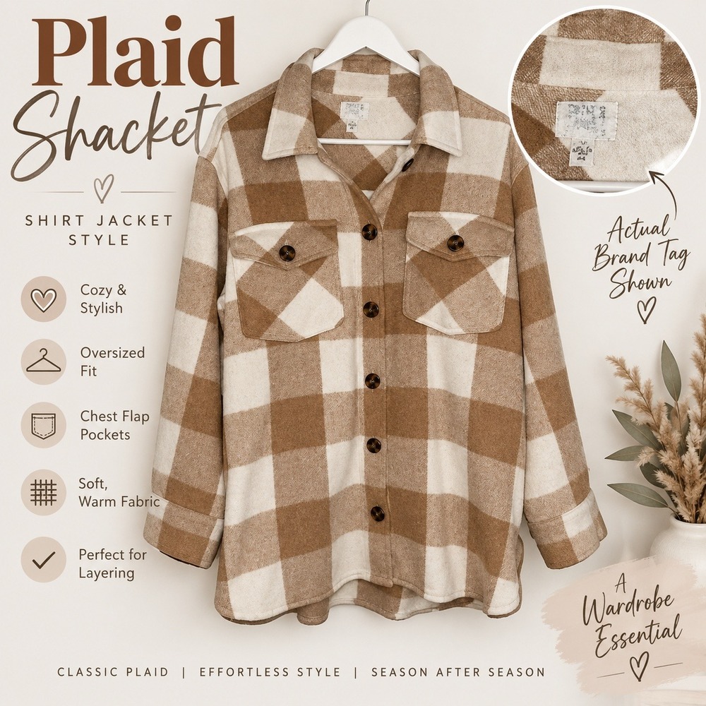 Time and Tru Women's Plaid Shacket XXL 20/22 Tan Cream Oversized Button Jacket